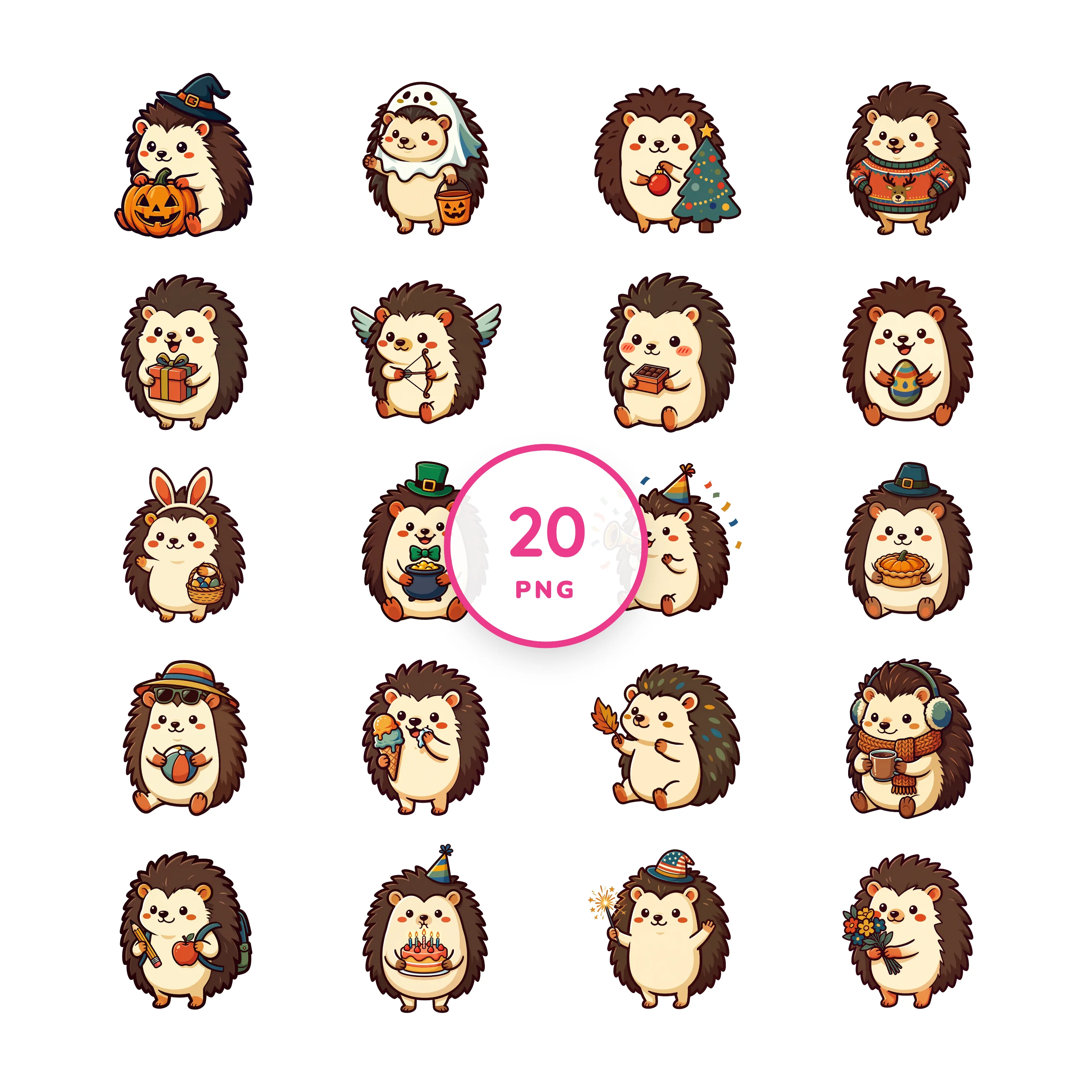 Seasonal Kawaii Hedgehogs PNG clip art collection