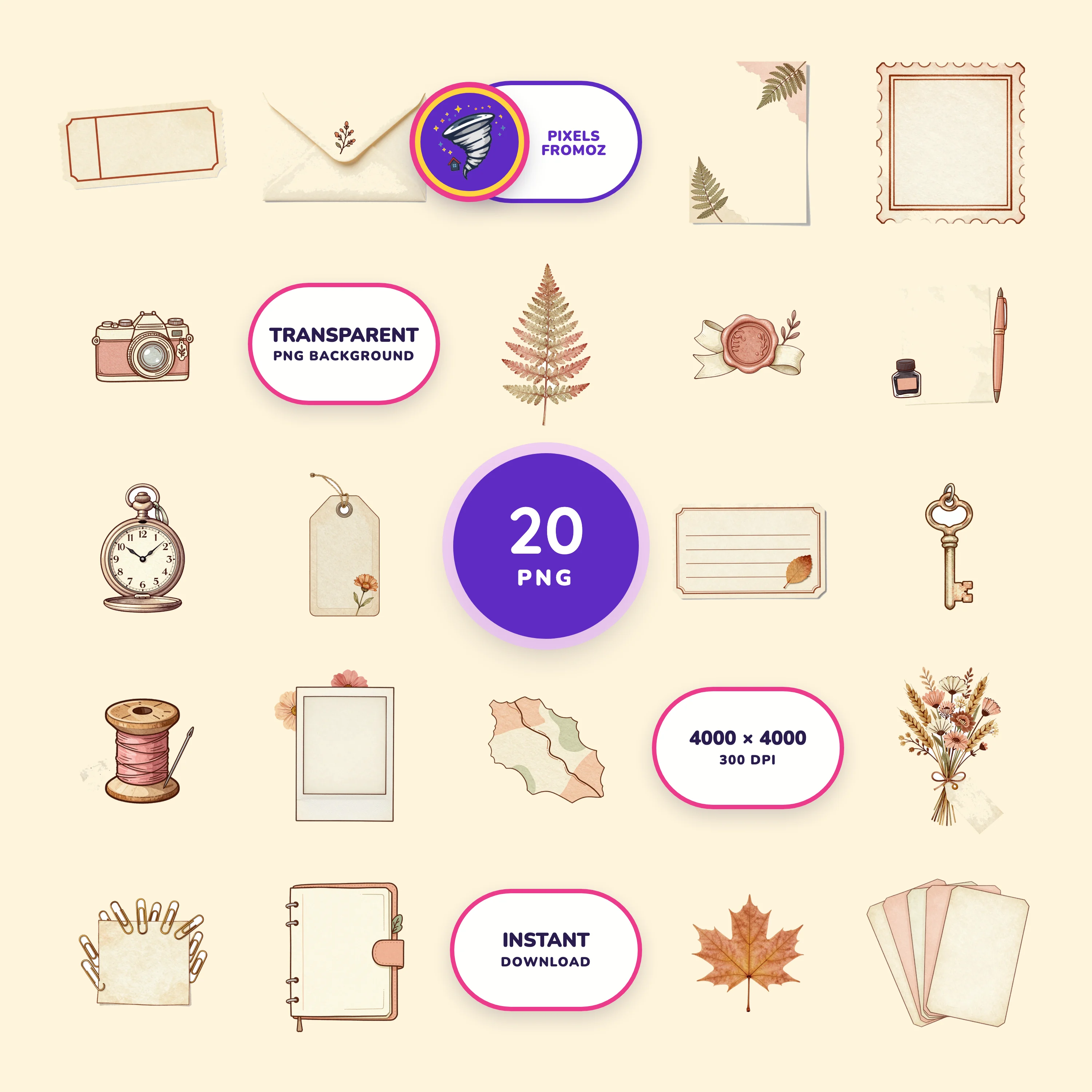 Junk Journal Ephemera PNG clip art collection