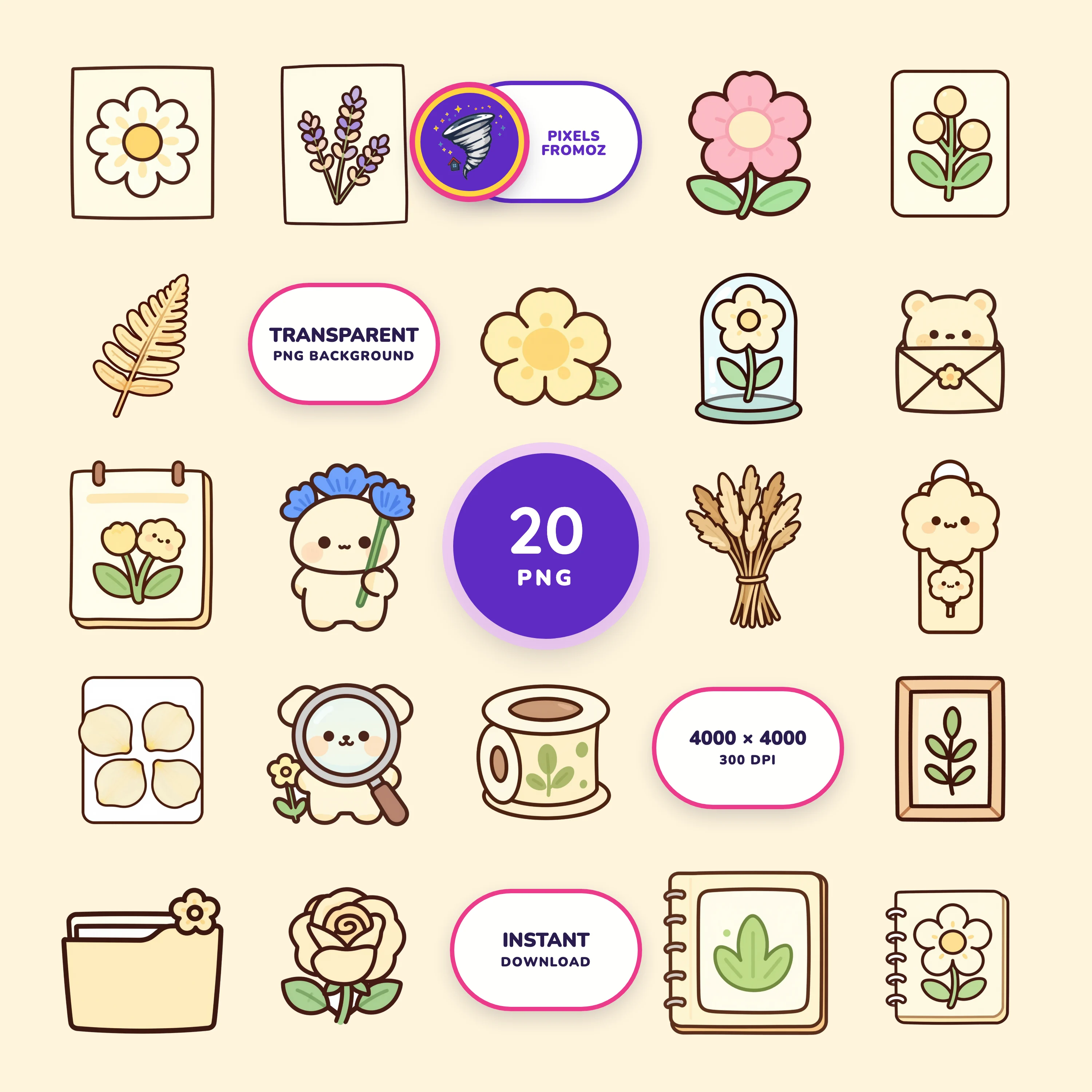 Pressed Flower Journal Elements PNG clip art collection