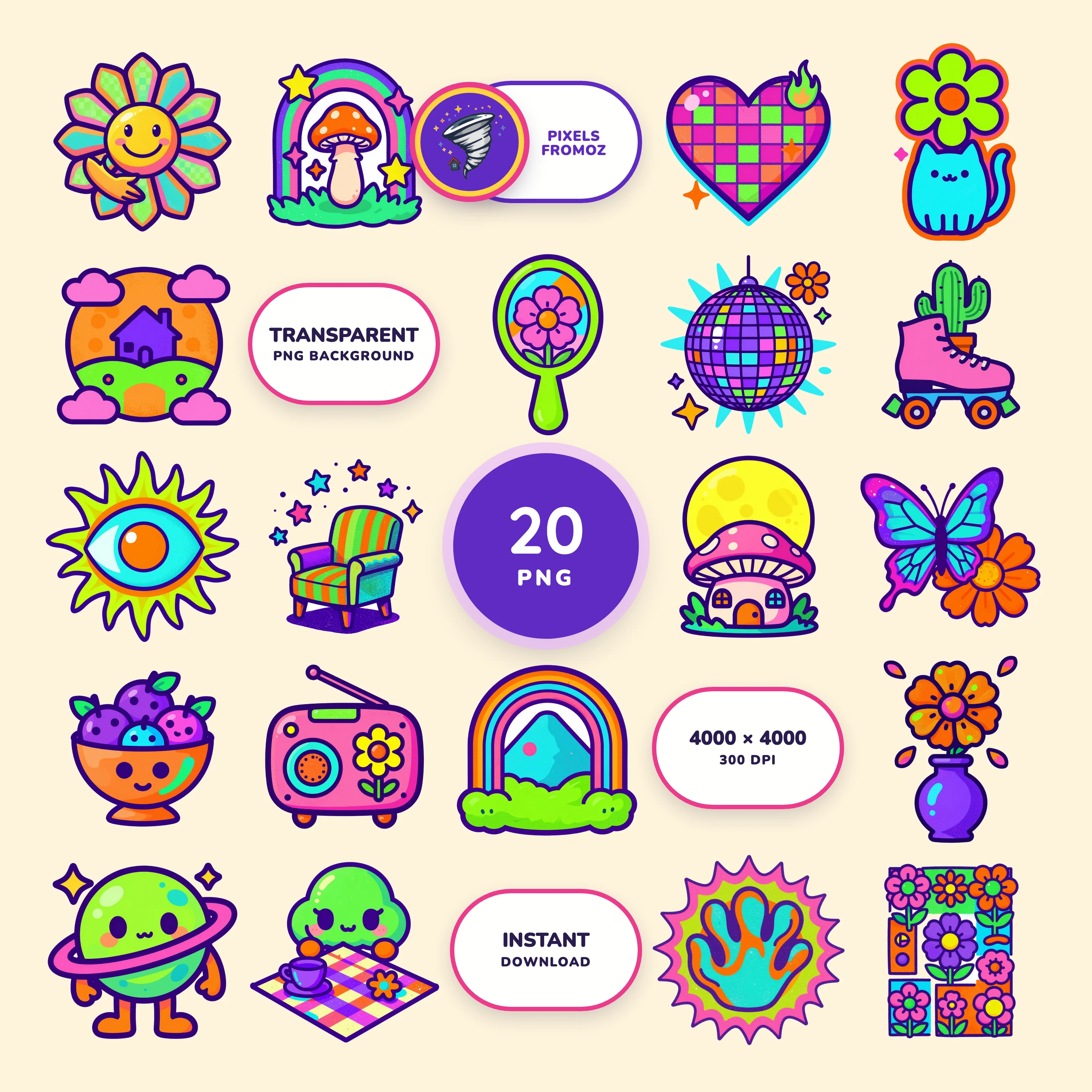 Retro Kawaii Gallery Wall PNG clip art collection